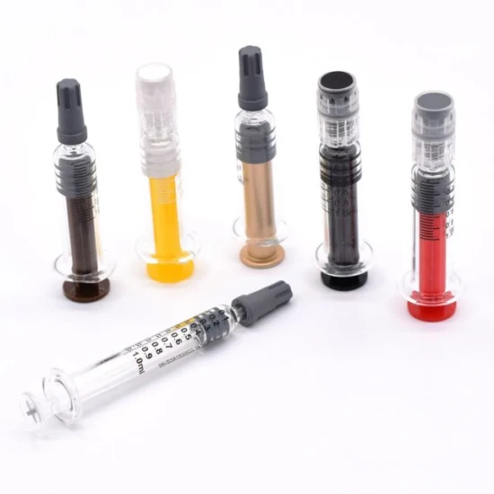 Alta calidad 0,5 ml 1 ml 1,5 ml 2,25 ml 3 ml 5 ml Luer Caps Jeringuilla de vidrio precargada con aceite Luer Lock